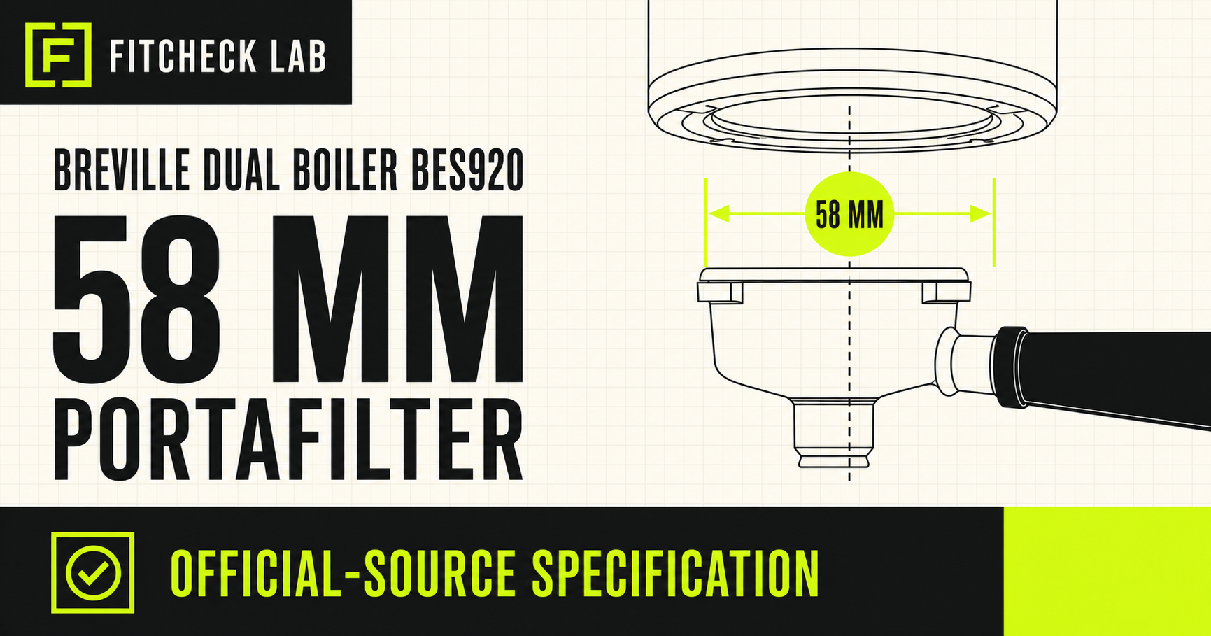 Diagram showing the Breville Dual Boiler BES920 58 mm portafilter and group head specification